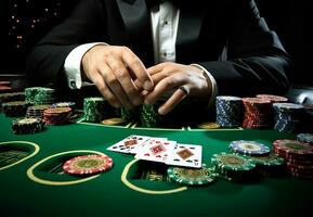 un póker jugador con jugando tarjetas y papas fritas a un verde casino mesa. ai generado foto