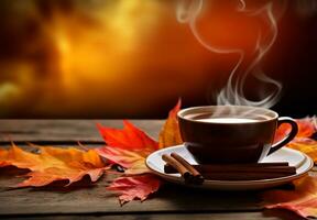 steaming coffee cup set against a backdrop of cascading autumn leaves. AI Generated photo