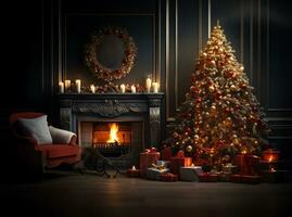 Christmas tree adorned with lights and ornaments next to a roaring fireplace in a room. AI Generated photo