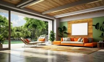 moderno contemporáneo desván presentando un vacío habitación con mármol pisos, verde y naranja paredes ai generado foto