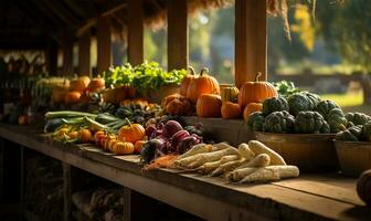 bullicioso otoño agricultores mercado rebosante con un vistoso formación de calabazas y Fresco otoñal vegetales. ai generado foto