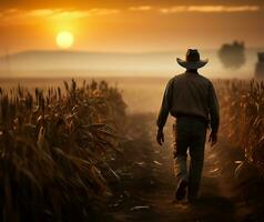 a farmer strides confidently through a corn field, the early dawn light casting a gentle glow over the tall stalks. AI Generated photo