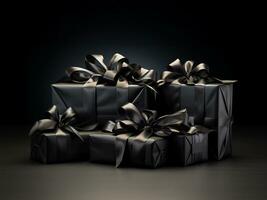 meticulously arranged collection of black gift boxes. AI Generated photo