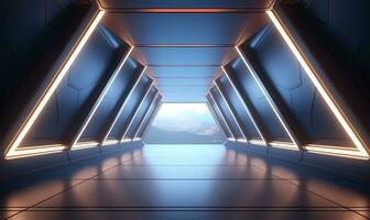 empty long light corridor designed as a futuristic Sci-Fi triangle tunnel. AI Generated photo