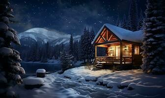 pequeño Iniciar sesión cabina cubierto en nieve debajo un estrellado noche. ai generado foto
