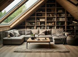 corner sofa placed against a shelving unit, set in a modern living room in the attic of a farmhouse. AI Generated photo