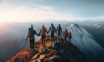 un grupo de amigos participación manos cerca el cumbre de un montaña, simbolizando trabajo en equipo y colectivo logro. ai generado foto