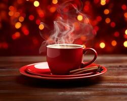 steaming cup of coffee set on a vibrant red plate. AI Generated photo