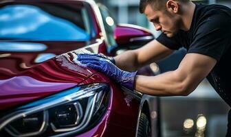 hombre meticulosamente limpieza un coche con un microfibra paño. ai generado foto