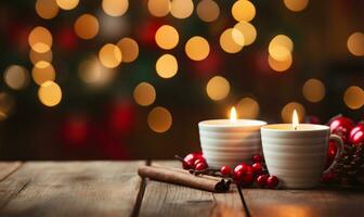 Christmas candles on a rustic wooden background. AI Generated photo