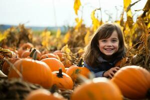 child, immersed in wonder, plays amidst a sea of pumpkins at a pumpkin farm during autumn. AI Generated photo