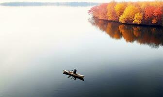 aéreo ver de un persona remo en un calma lago en otoño. ai generado foto