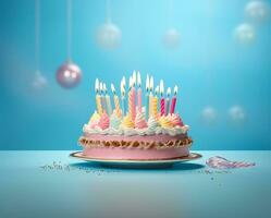 A delectable birthday cake adorned with lit candles. AI Generated photo