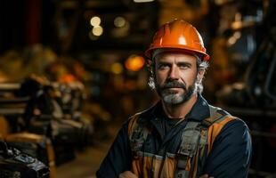 un diligente industria mantenimiento ingeniero soportes alto, vestido en su profesional uniforme complementado por un la seguridad difícil sombrero. ai generado foto