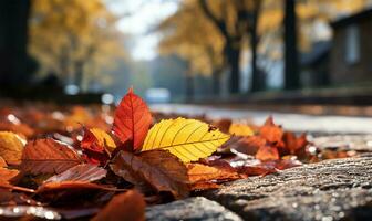 autumn leaves scattered on the street. AI Generated photo
