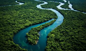 aéreo ver de un río delta presentando lozano verde vegetación y devanado cursos de agua ai generado foto