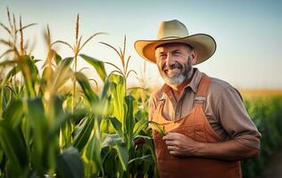 un moderno granjero en pie en un maíz campo. ai generado foto