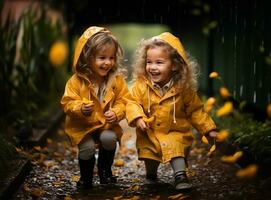 Exuberant children, adorned in bright yellow raincoats and matching rain boots, delightfully splash through puddles during an autumnal downpour. AI Generated photo