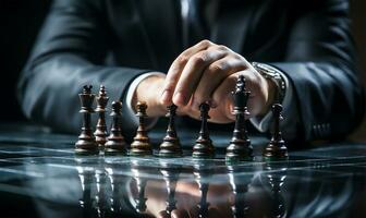 businessman's hand expertly maneuvering a chess piece on a detailed chess board. AI Generated photo
