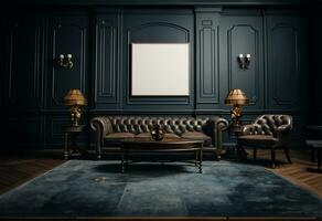 living room featuring modern interior elements, set against the backdrop of a dark classic wall. AI Generated photo