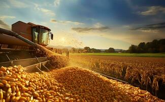 harvester pouring freshly harvested corn maize seeds or soybeans into a container trailer. AI Generated photo