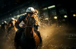 un intenso momento capturado durante un caballo carrera como jinetes, con escarpado determinación, empujar su caballos a ganancia un ventaja en el crucial último curva. ai generado foto