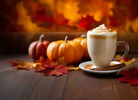 delicioso calabaza especia latté, humeante suavemente en un taza y platillo. ai generado foto