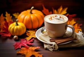 delicious pumpkin spice latte, steaming gently in a cup and saucer. AI Generated photo