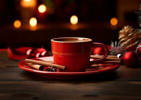 steaming cup of coffee set on a vibrant red plate. AI Generated photo