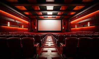 un meticulosamente arreglado cine salón bañado en un Rico rojo matiz, exhibiendo un vasto blanco blanco pantalla esperando un proyección. ai generado foto