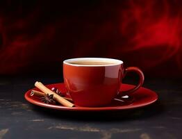 steaming cup of coffee set on a vibrant red plate. AI Generated photo