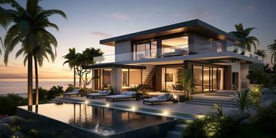 A modern villa showcasing open-plan living spaces and a private bedroom. AI Generated photo