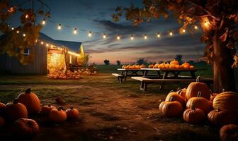 vivid spread of pumpkins sprawled across a farm during a lively autumn fall festival. AI Generated photo