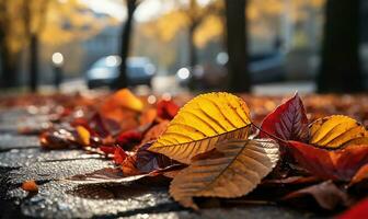 autumn leaves scattered on the street. AI Generated photo