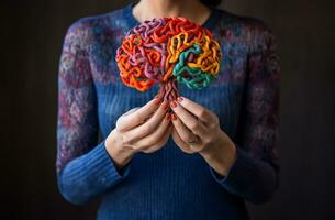 woman's hands holding multicolored yarn shaped like a brain, Capturing the essence of mental health protection. AI Generated photo