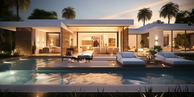 A modern villa showcasing open-plan living spaces and a private bedroom. AI Generated photo