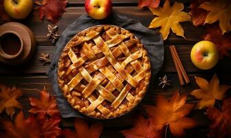 traditional apple pie, A delightful representation of fall with autumn leaves and a sprinkling of cinnamon. AI Generated photo