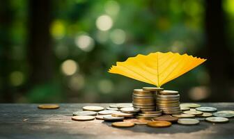 yellow umbrella shielding coins on a table under natural light. AI Generated photo