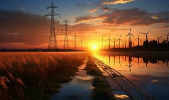 wind turbines positioned near an electricity pylon. AI Generated photo