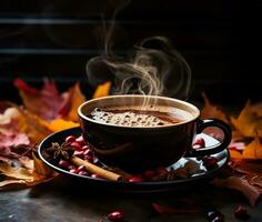 steaming coffee cup set against a backdrop of cascading autumn leaves. AI Generated photo