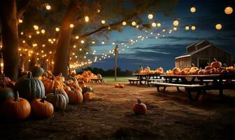 vivid spread of pumpkins sprawled across a farm during a lively autumn fall festival. AI Generated photo