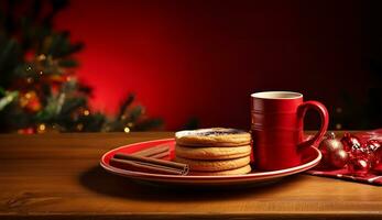 steaming cup of coffee set on a vibrant red plate. AI Generated photo