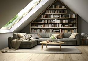 corner sofa placed against a shelving unit, set in a modern living room in the attic of a farmhouse. AI Generated photo