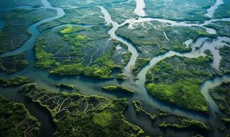 aerial view of a river delta featuring lush green vegetation and winding waterways. AI Generated photo