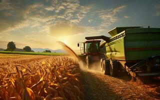 harvester pouring freshly harvested corn maize seeds or soybeans into a container trailer. AI Generated photo