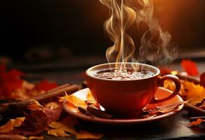 humeante café taza conjunto en contra un fondo de cascada otoño hojas. ai generado foto