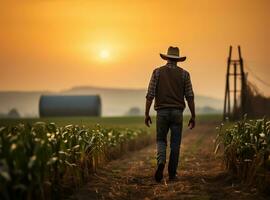 a farmer strides confidently through a corn field, the early dawn light casting a gentle glow over the tall stalks. AI Generated photo