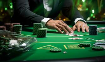 a poker player with playing cards and chips at a green casino table. AI Generated photo