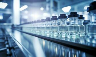 Medical vials moving along a production line in a pharmaceutical factory,. AI Generated photo