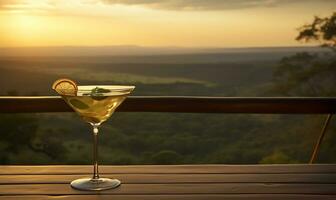 cocktail on a wooden deck overlooking the African savanna safari landscape. AI Generated photo